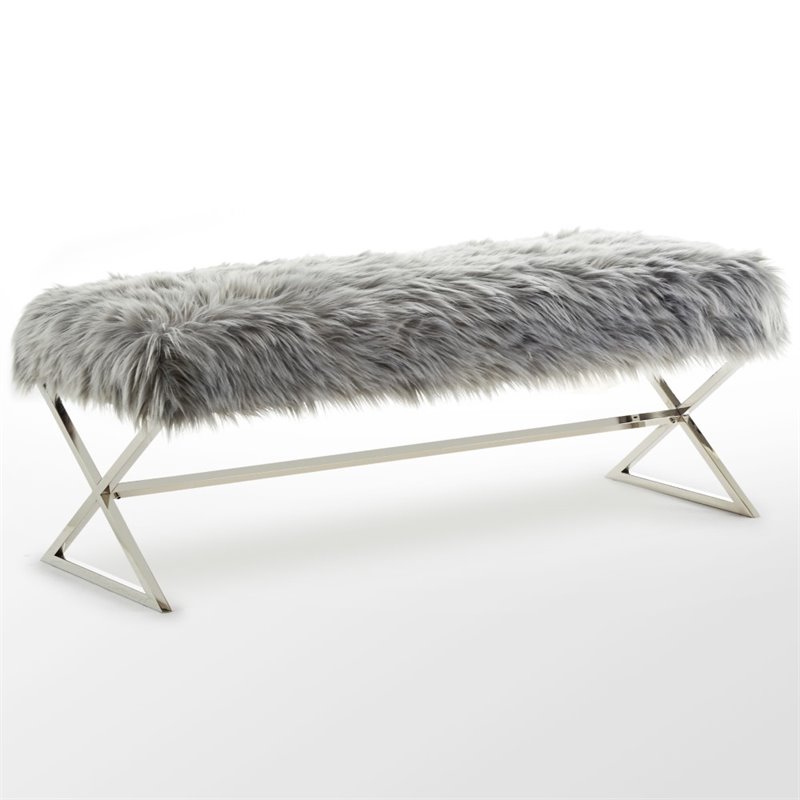 Maklaine Fur Fabric Upholstered Bench with Stainless Steel Legs - Gray/Chrome
