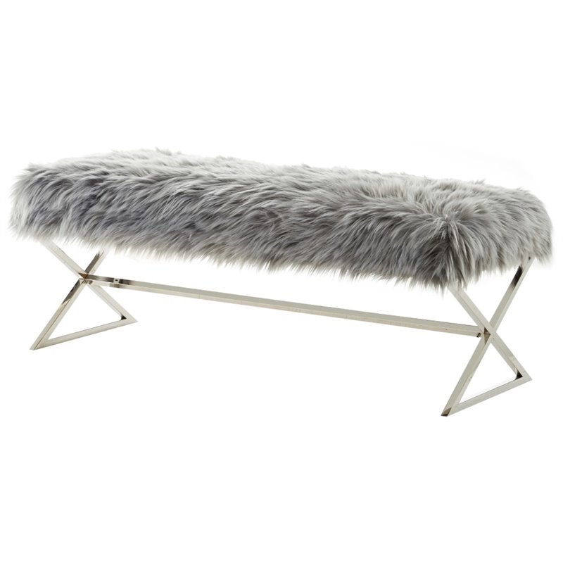Maklaine Fur Fabric Upholstered Bench with Stainless Steel Legs - Gray/Chrome