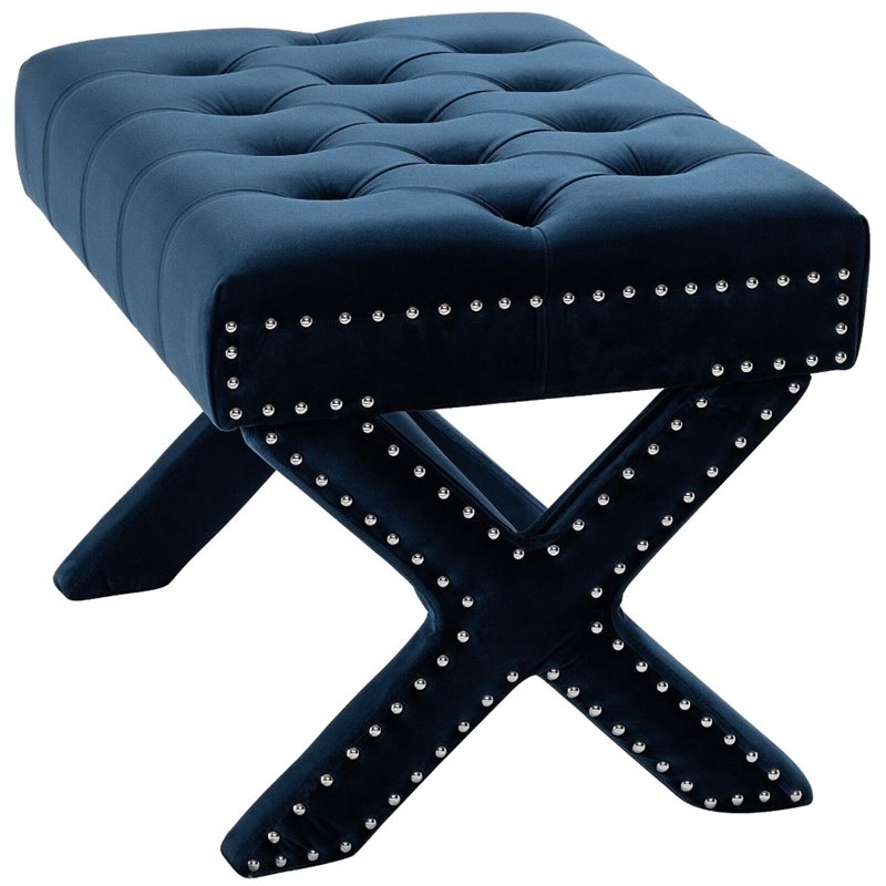 Maklaine Velvet X-Base Ottoman with Nailhead Trim in Navy Blue