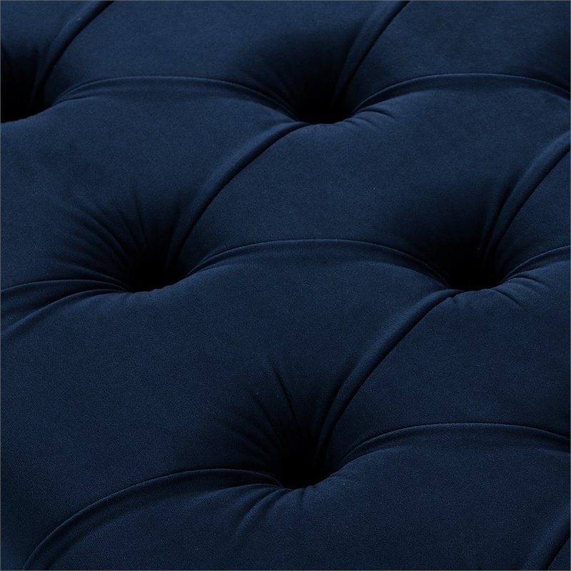 Maklaine Velvet X-Base Ottoman with Nailhead Trim in Navy Blue