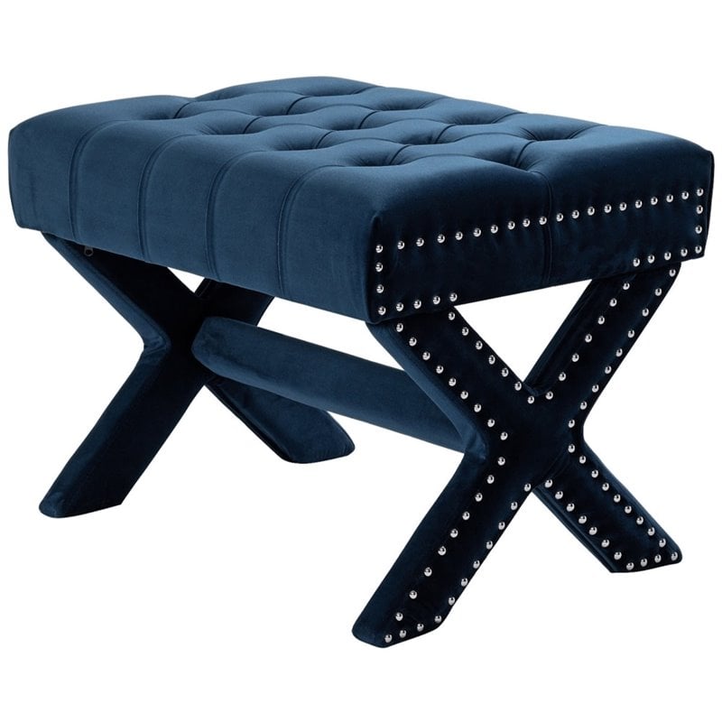 Maklaine Velvet X-Base Ottoman with Nailhead Trim in Navy Blue