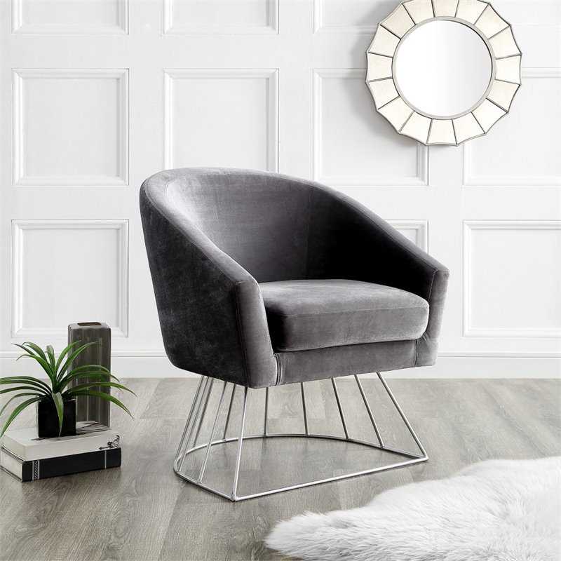 Maklaine Tufted Velvet Barrel Back Accent Chair in Gray/Chrome