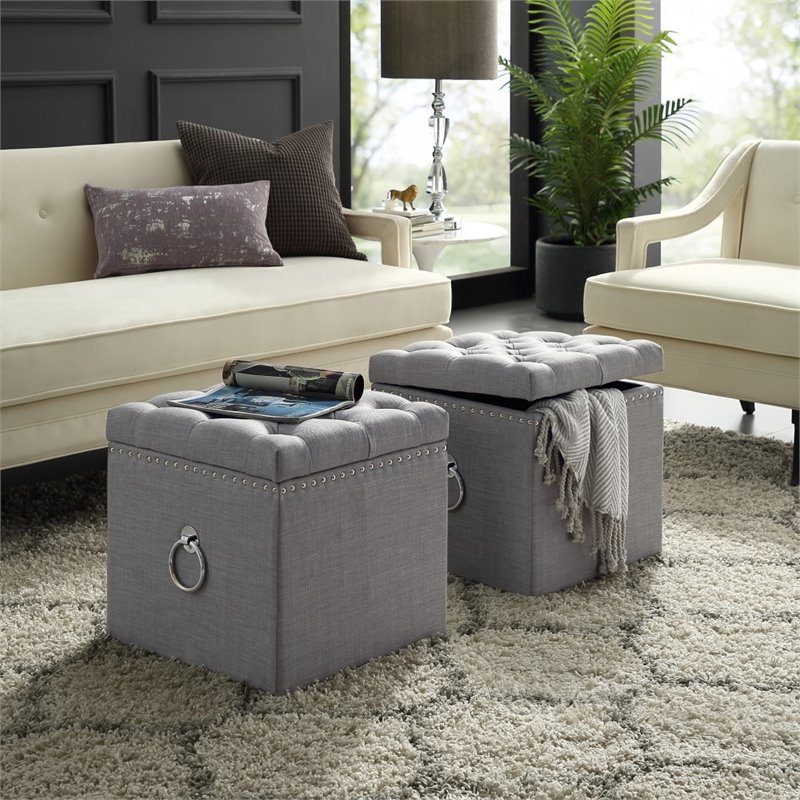Maklaine Linen Fabric 1Pc Storage Ottoman in Light Gray/Chrome