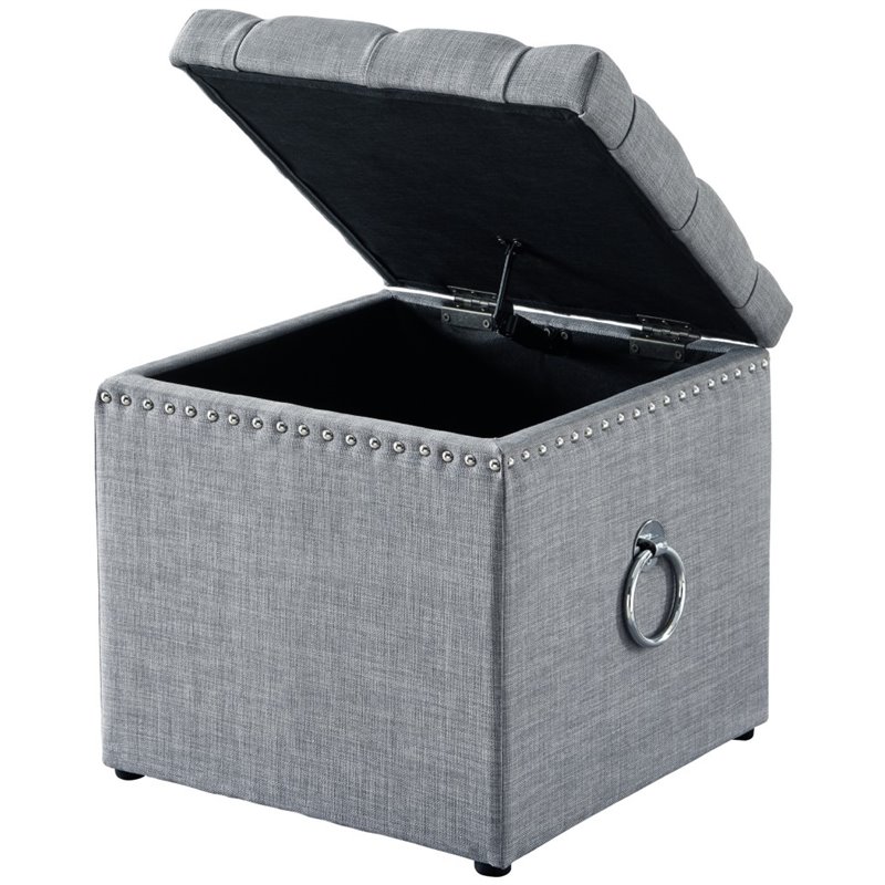 Maklaine Linen Fabric 1Pc Storage Ottoman in Light Gray/Chrome
