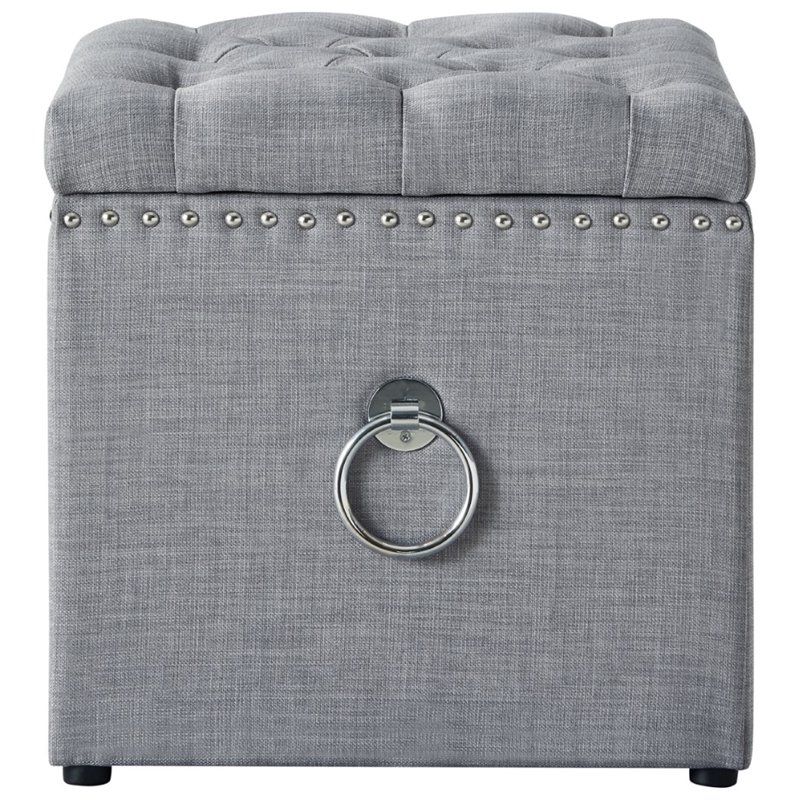 Maklaine Linen Fabric 1Pc Storage Ottoman in Light Gray/Chrome