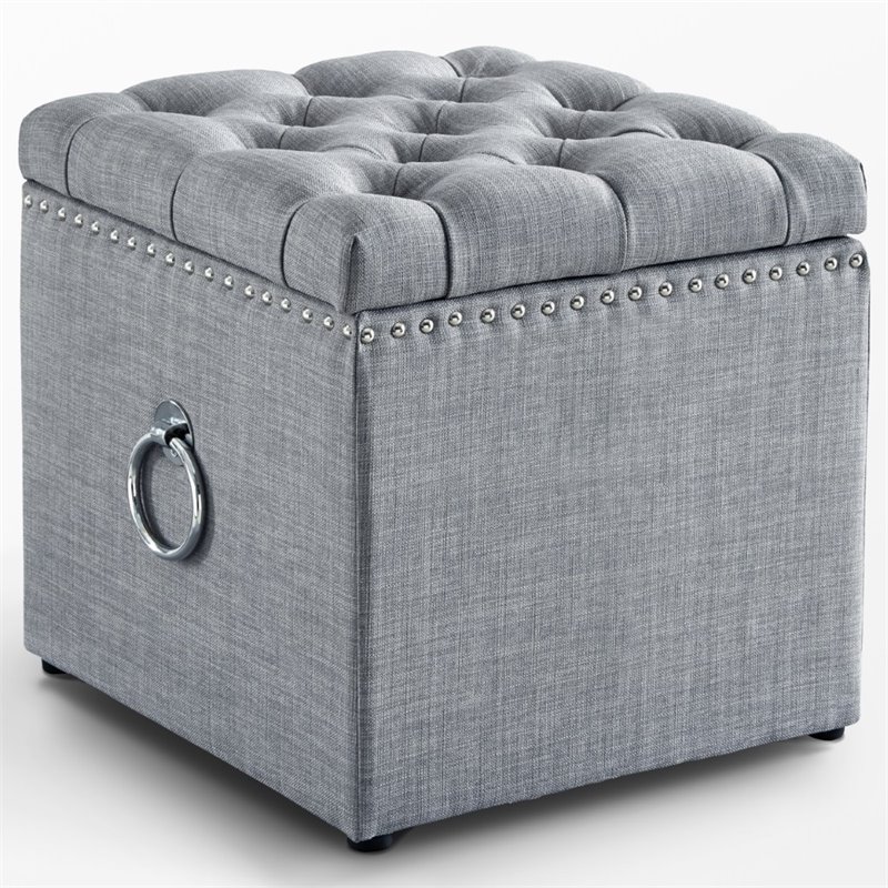 Maklaine Linen Fabric 1Pc Storage Ottoman in Light Gray/Chrome