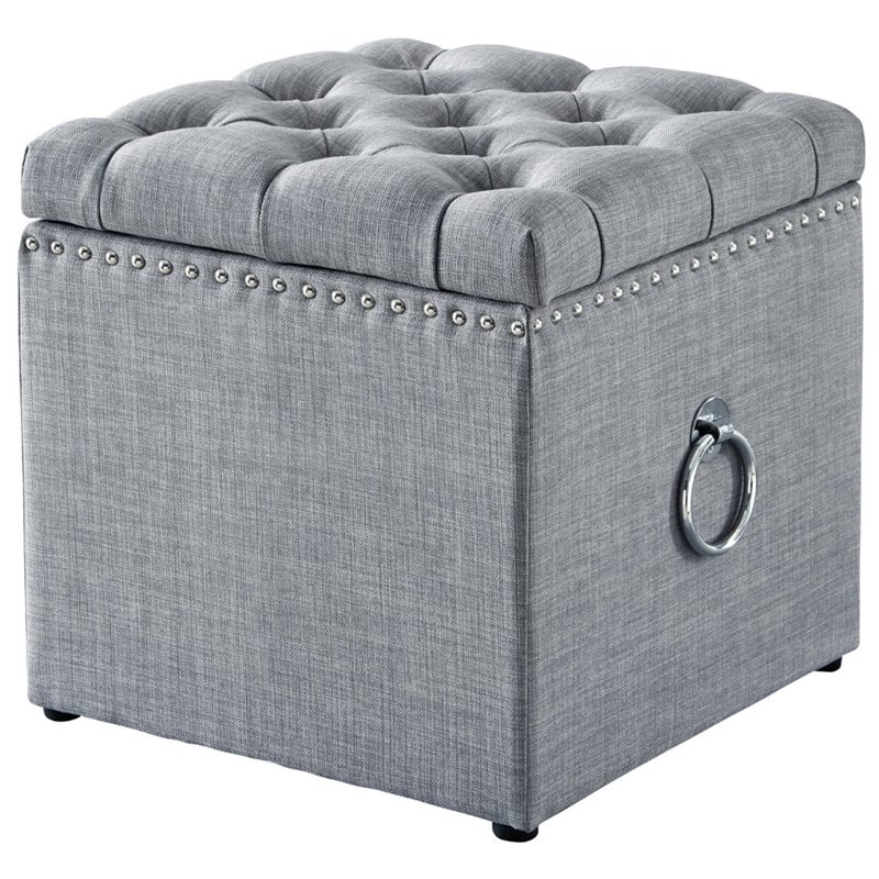 Maklaine Linen Fabric 1Pc Storage Ottoman in Light Gray/Chrome