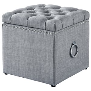 Maklaine Linen Fabric 1Pc Storage Ottoman in Light Gray/Chrome