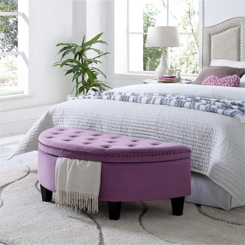 Maklaine Velvet Upholstered Half Moon Storage Ottoman in Mauve
