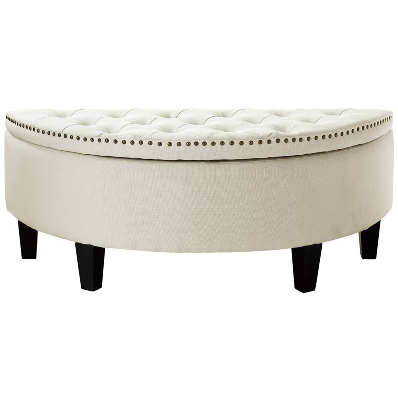 Maklaine Linen Fabric Half Moon Storage Ottoman in Cream/White