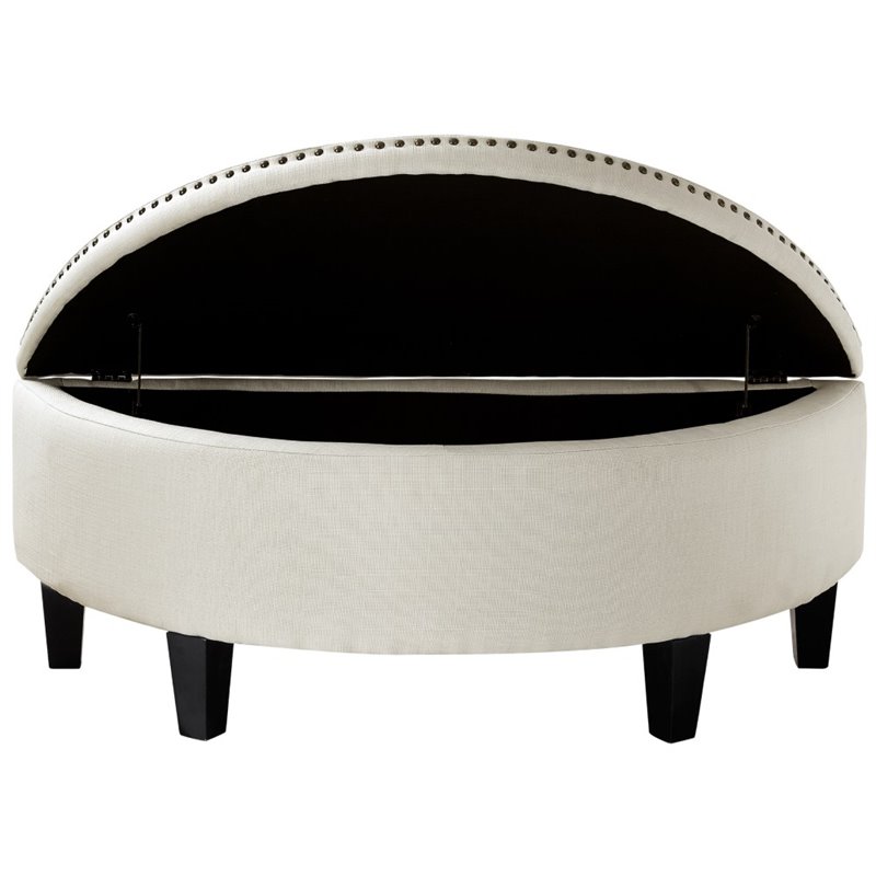 Maklaine Linen Fabric Half Moon Storage Ottoman in Cream/White