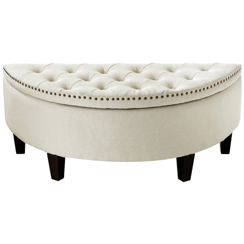 Maklaine Linen Fabric Half Moon Storage Ottoman in Cream/White