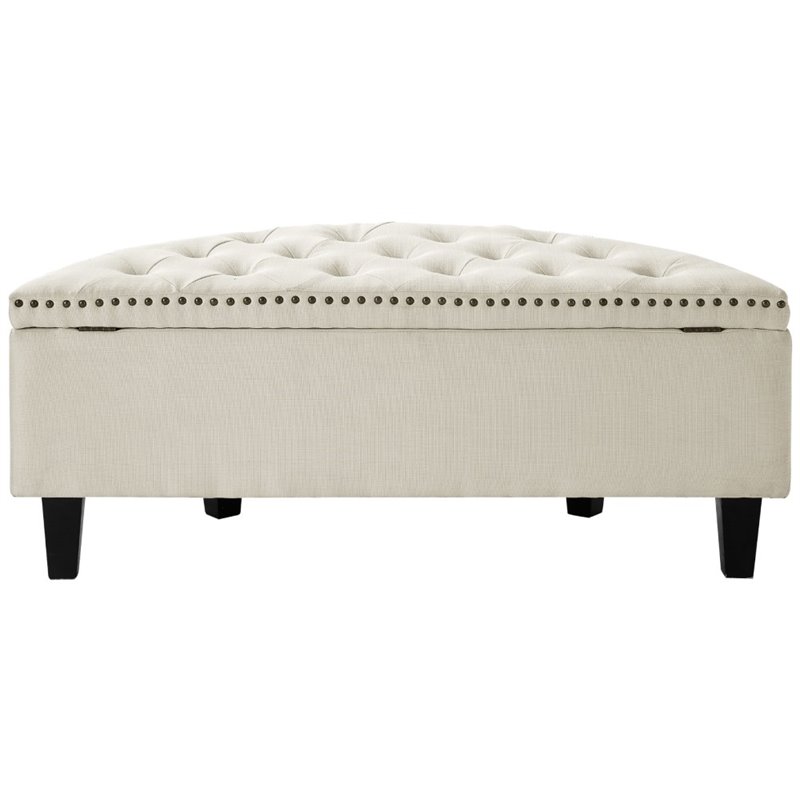 Maklaine Linen Fabric Half Moon Storage Ottoman in Cream/White