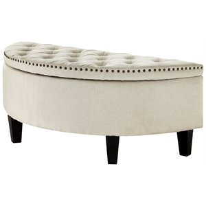 Maklaine Linen Fabric Half Moon Storage Ottoman in Cream/White