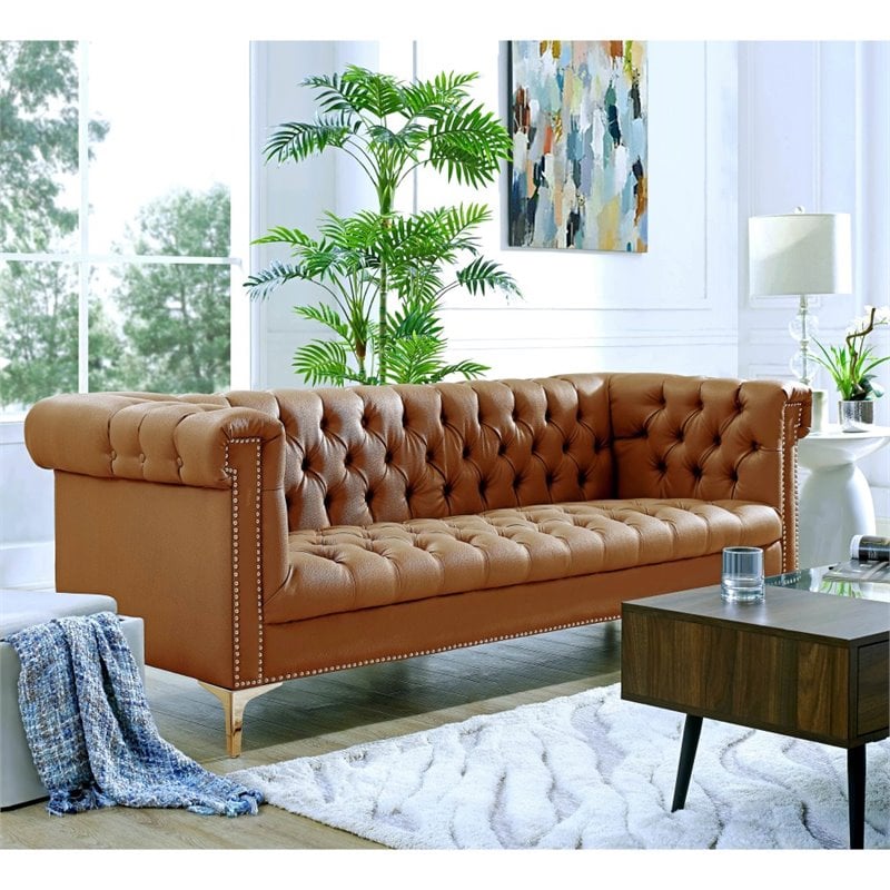 Maklaine Button Tufted Leather Chesterfield Sofa in Brown/Gold