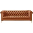 Maklaine Button Tufted Leather Chesterfield Sofa in Brown/Gold