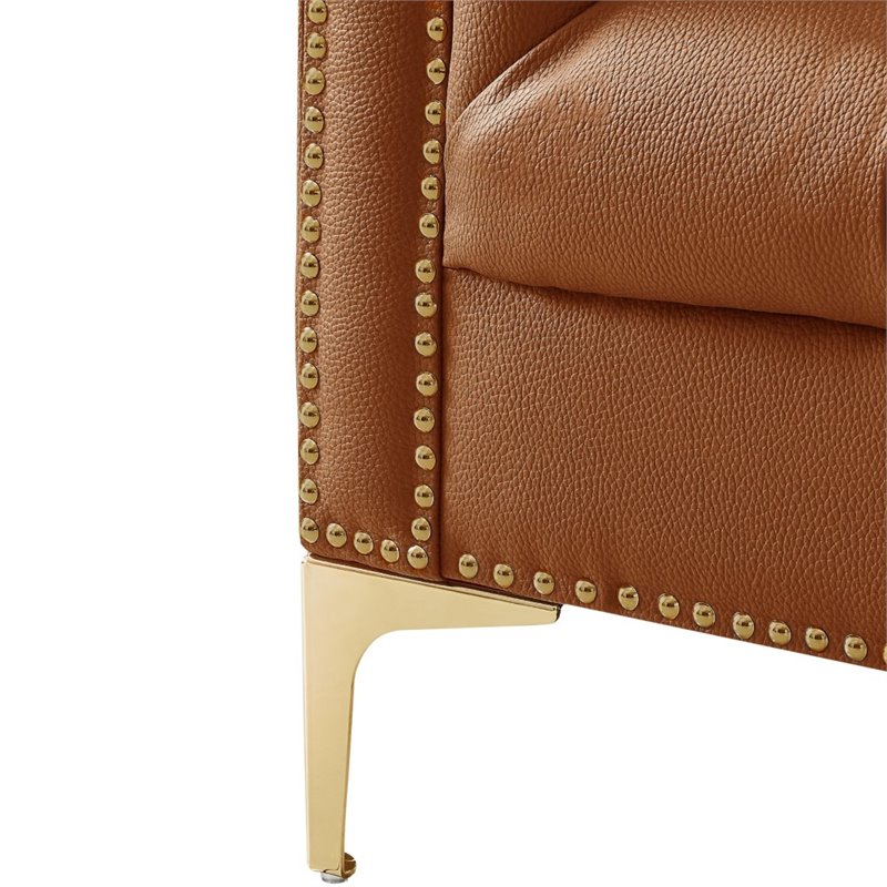 Maklaine Button Tufted Leather Chesterfield Sofa in Brown/Gold