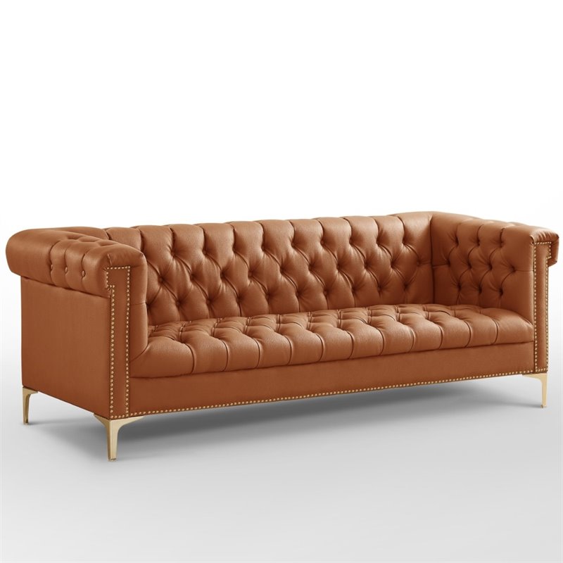 Maklaine Button Tufted Leather Chesterfield Sofa in Brown/Gold