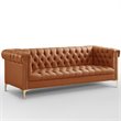 Maklaine Button Tufted Leather Chesterfield Sofa in Brown/Gold