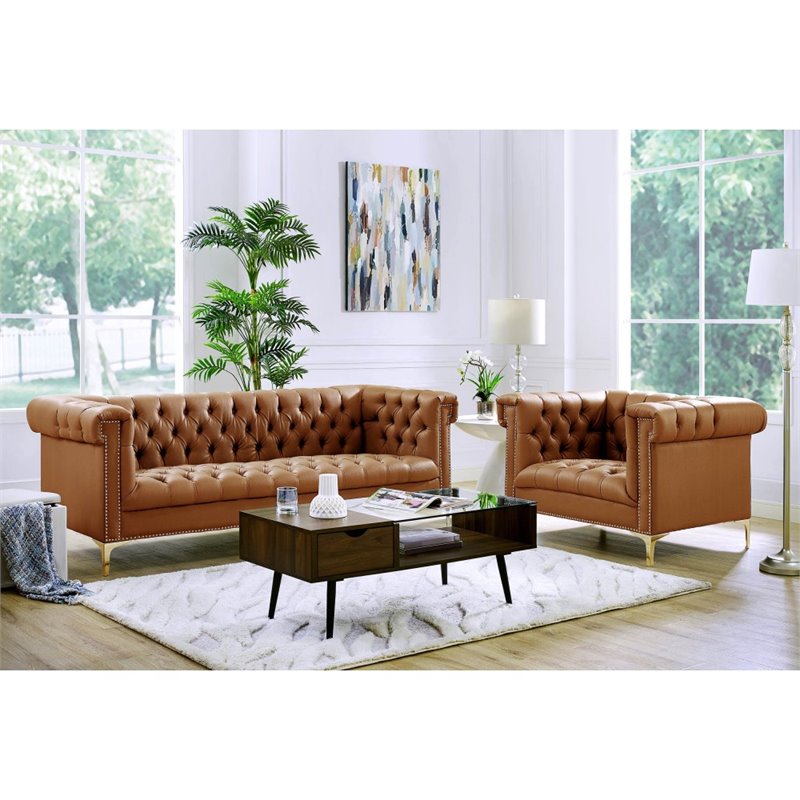 Maklaine Button Tufted Leather Chesterfield Sofa in Brown/Gold