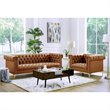 Maklaine Button Tufted Leather Chesterfield Sofa in Brown/Gold
