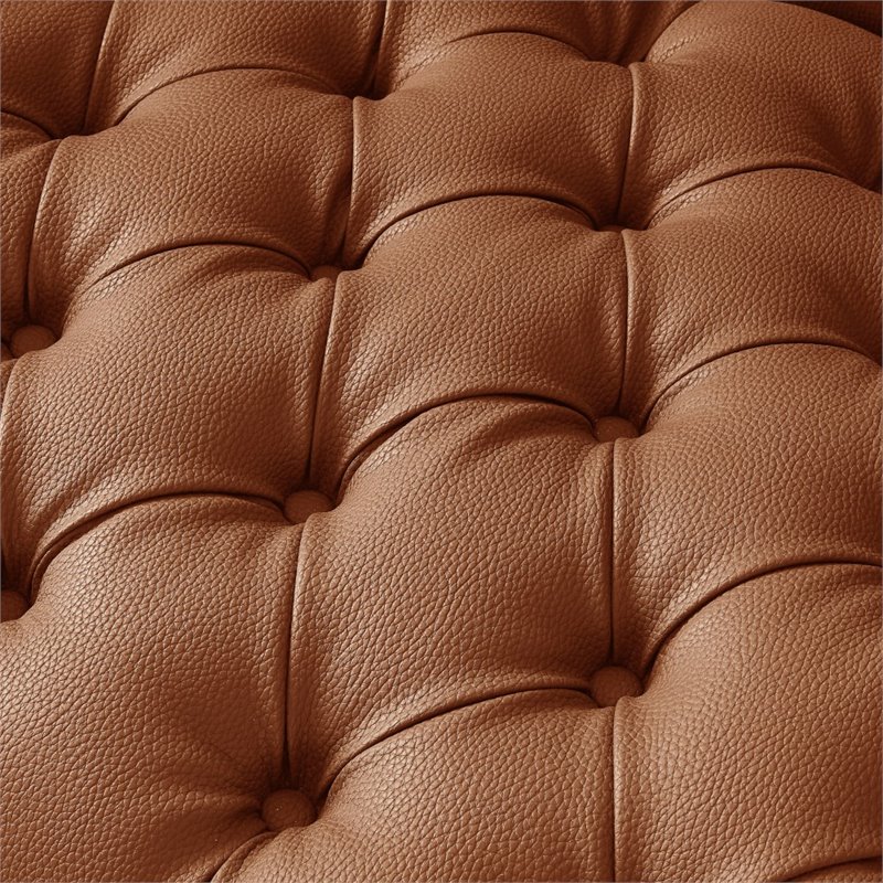 Maklaine Button Tufted Leather Chesterfield Sofa in Brown/Gold