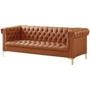 Maklaine Button Tufted Leather Chesterfield Sofa in Brown/Gold