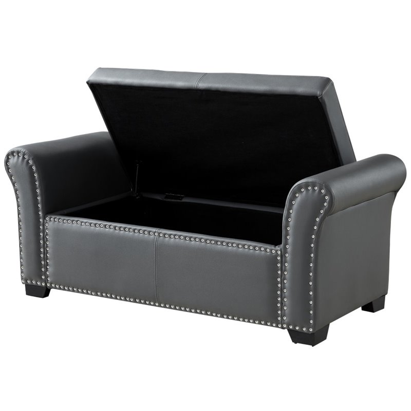 Maklaine Faux Leather Storage Bench with Nail Head Trim in Gray
