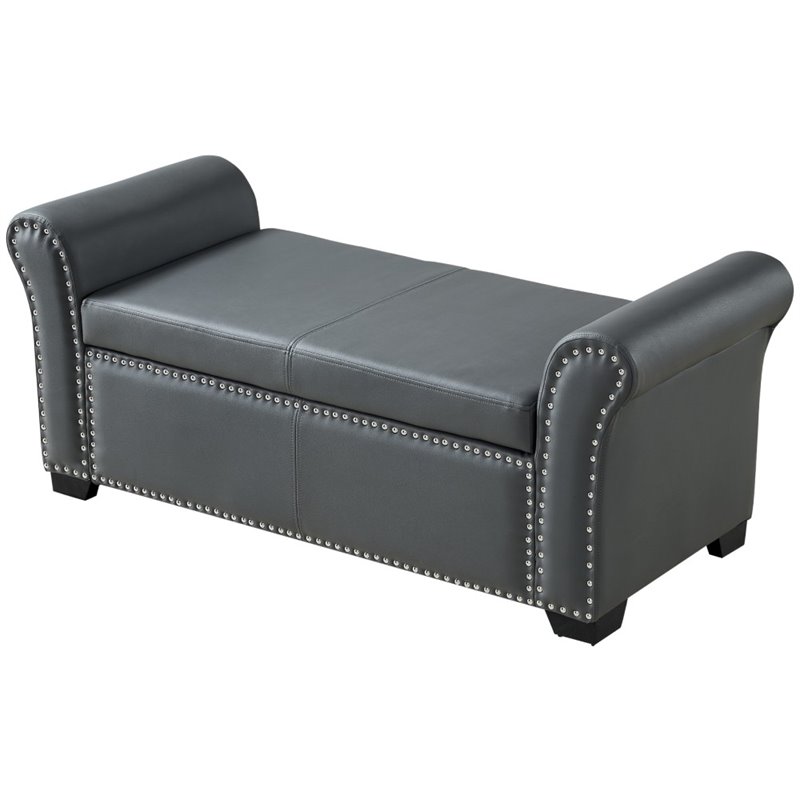 Maklaine Faux Leather Storage Bench with Nail Head Trim in Gray