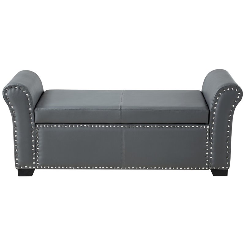 Maklaine Faux Leather Storage Bench with Nail Head Trim in Gray