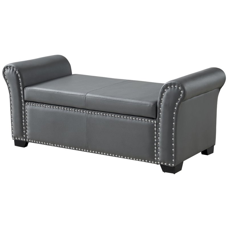 Maklaine Faux Leather Storage Bench with Nail Head Trim in Gray