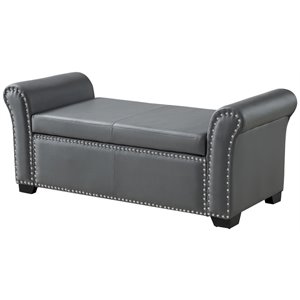 Maklaine Faux Leather Storage Bench with Nail Head Trim in Gray