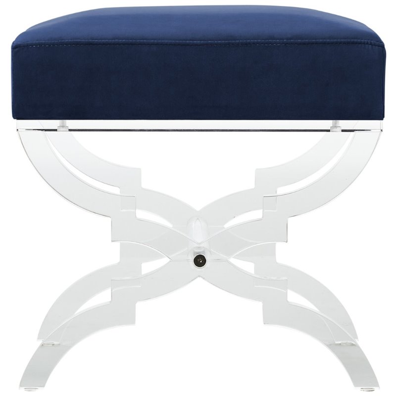 Maklaine Velvet Upholstered Ottoman with Acrylic X-Legs in Navy