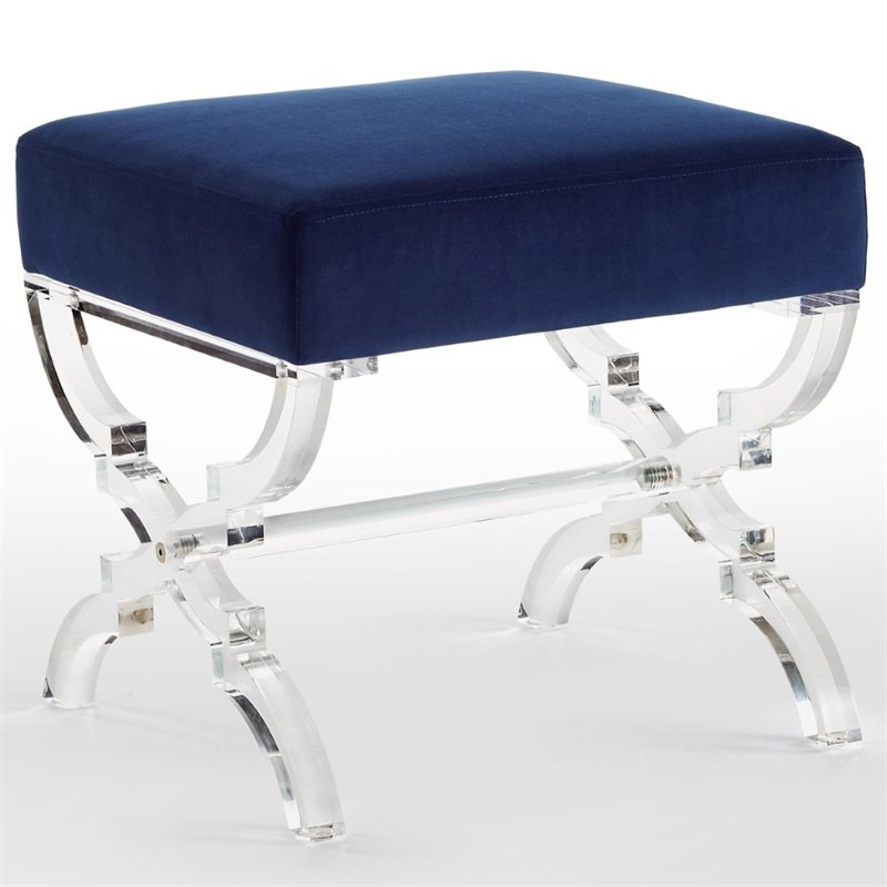 Maklaine Velvet Upholstered Ottoman with Acrylic X-Legs in Navy