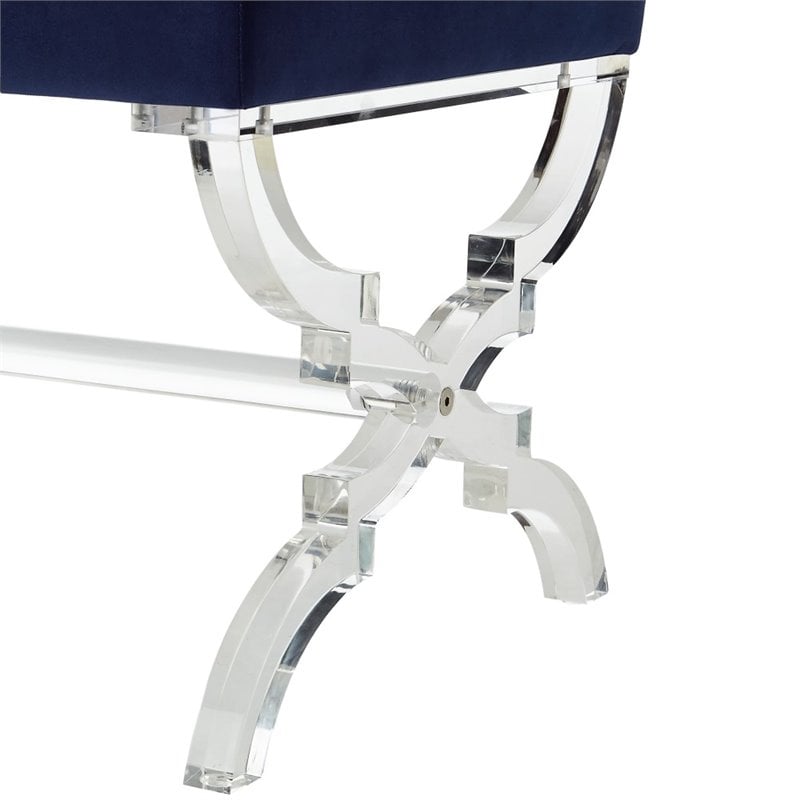 Maklaine Velvet Upholstered Ottoman with Acrylic X-Legs in Navy