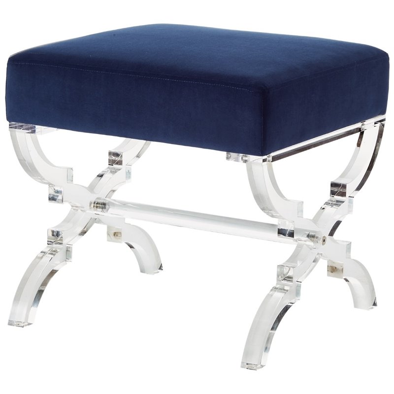 Maklaine Velvet Upholstered Ottoman with Acrylic X-Legs in Navy