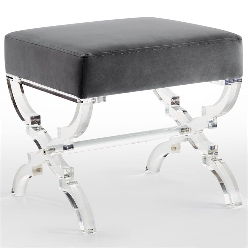 Maklaine Velvet Upholstered Ottoman with Acrylic X-Legs in Gray
