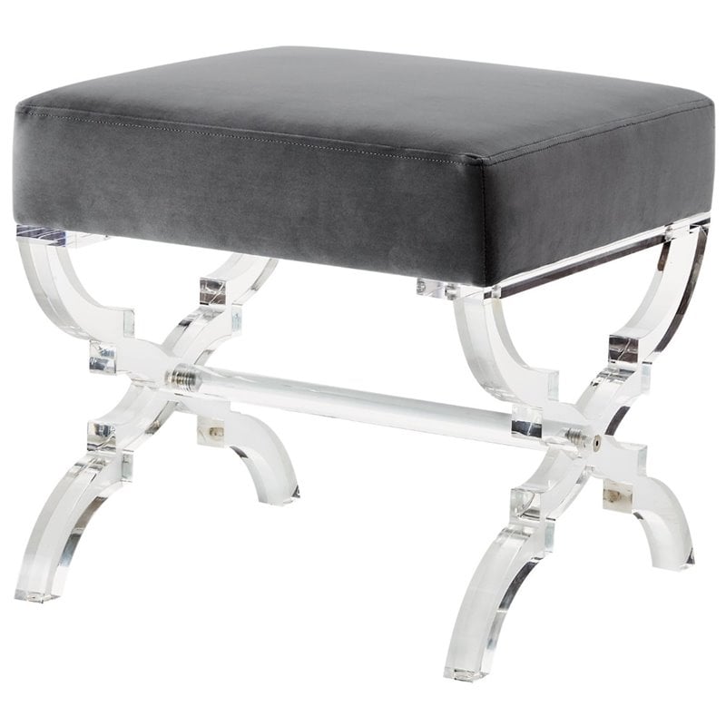 Maklaine Velvet Upholstered Ottoman with Acrylic X-Legs in Gray