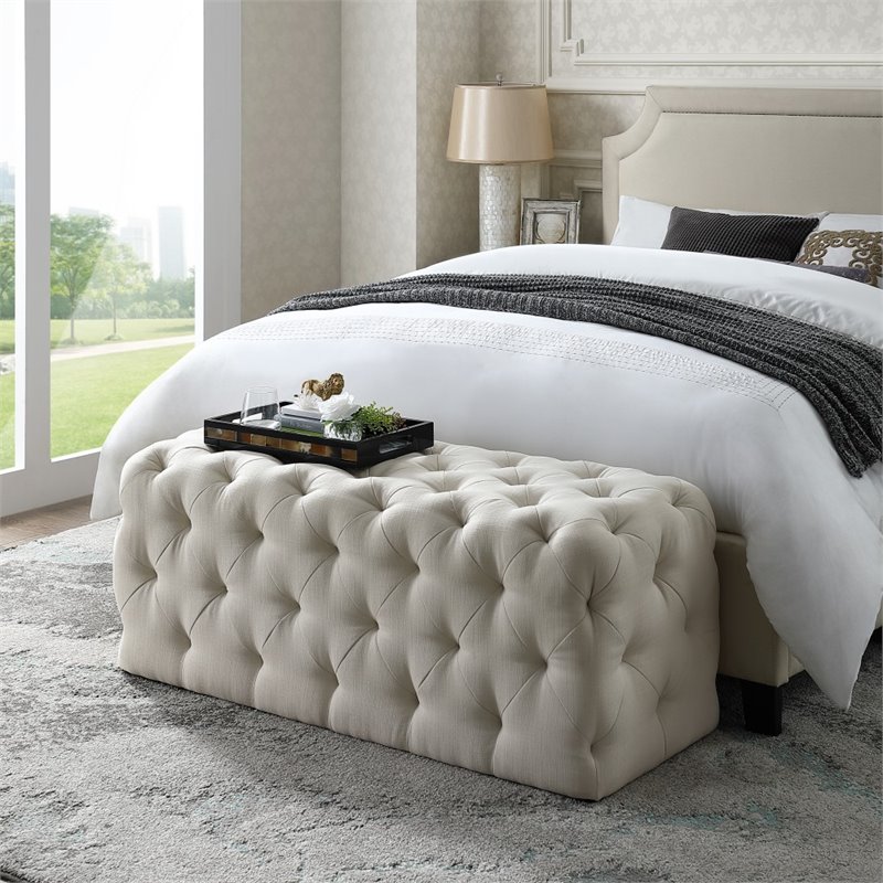 Maklaine Modern Button-Tufted Linen Fabric Bench in Cream/White