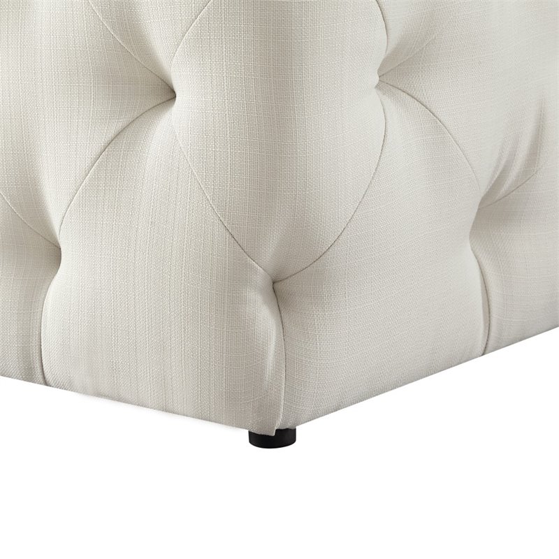 Maklaine Modern Button-Tufted Linen Fabric Bench in Cream/White