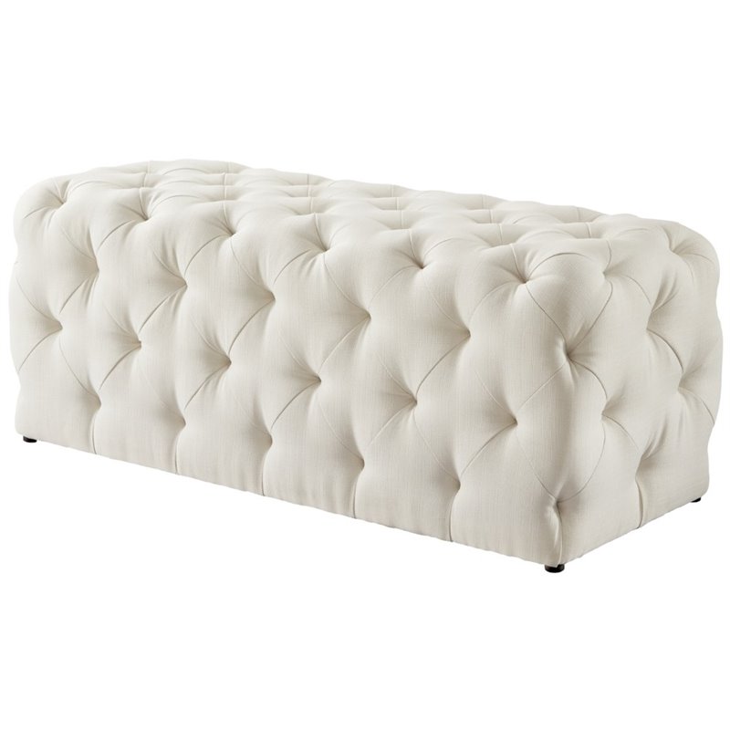 Maklaine Modern Button-Tufted Linen Fabric Bench in Cream/White