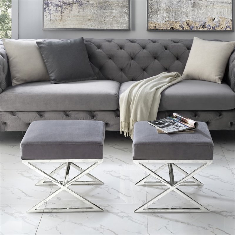 Maklaine Velvet and Stainless Steel Base Ottoman in Gray/Chrome