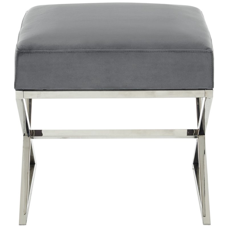Maklaine Velvet and Stainless Steel Base Ottoman in Gray/Chrome