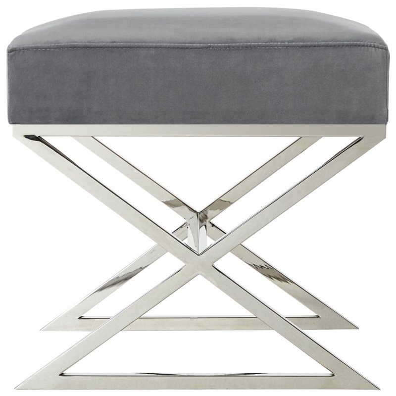Maklaine Velvet and Stainless Steel Base Ottoman in Gray/Chrome