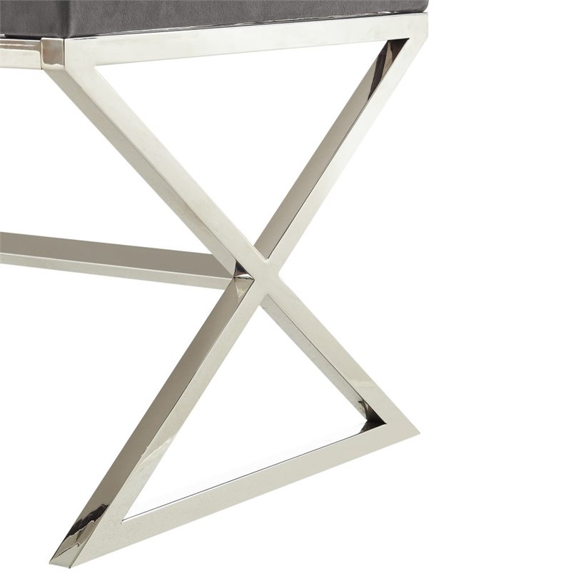 Maklaine Velvet and Stainless Steel Base Ottoman in Gray/Chrome