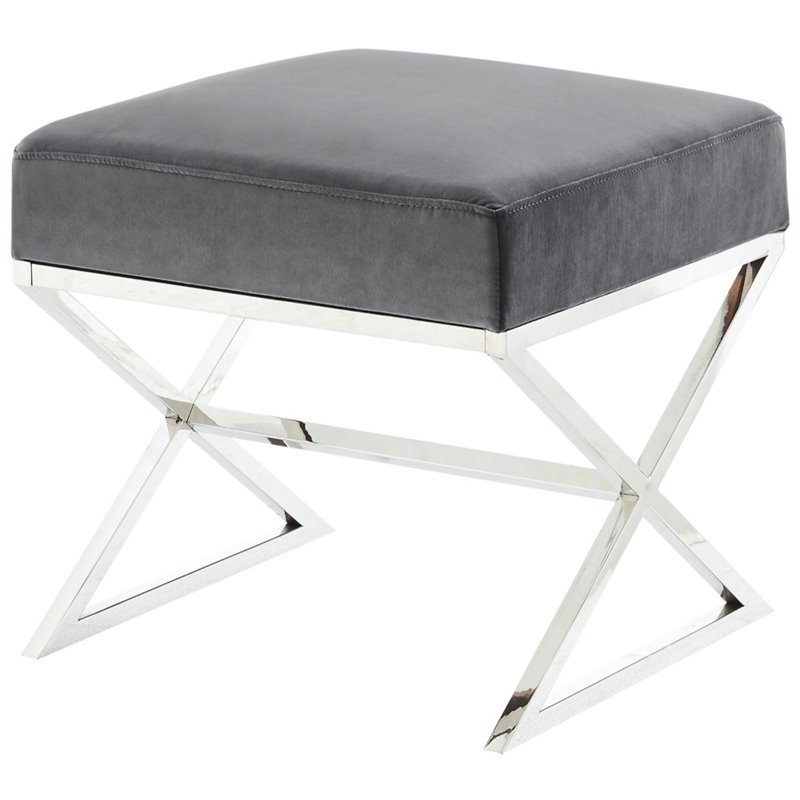 Maklaine Velvet and Stainless Steel Base Ottoman in Gray/Chrome