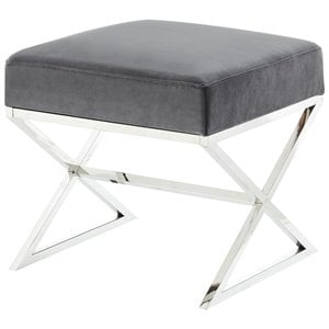 Maklaine Velvet and Stainless Steel Base Ottoman in Gray/Chrome