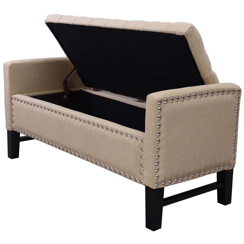Maklaine Linen Fabric Storage Bench with Nailhead Trim in Beige