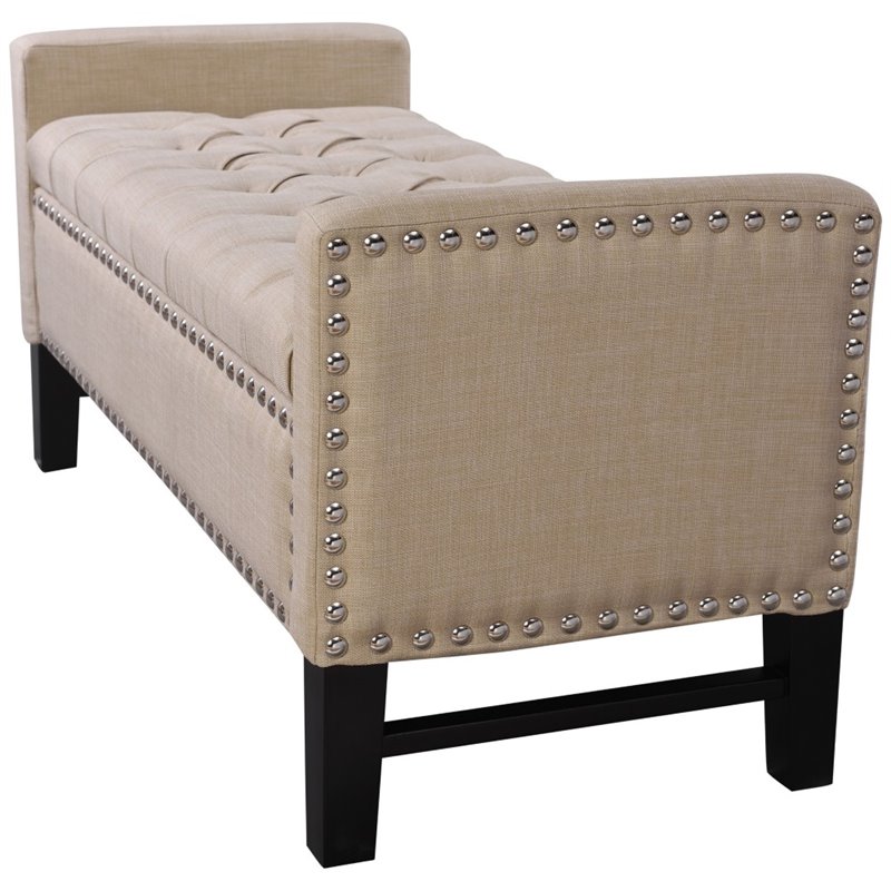 Maklaine Linen Fabric Storage Bench with Nailhead Trim in Beige