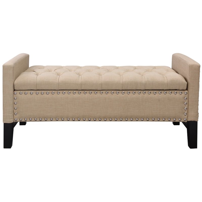 Maklaine Linen Fabric Storage Bench with Nailhead Trim in Beige